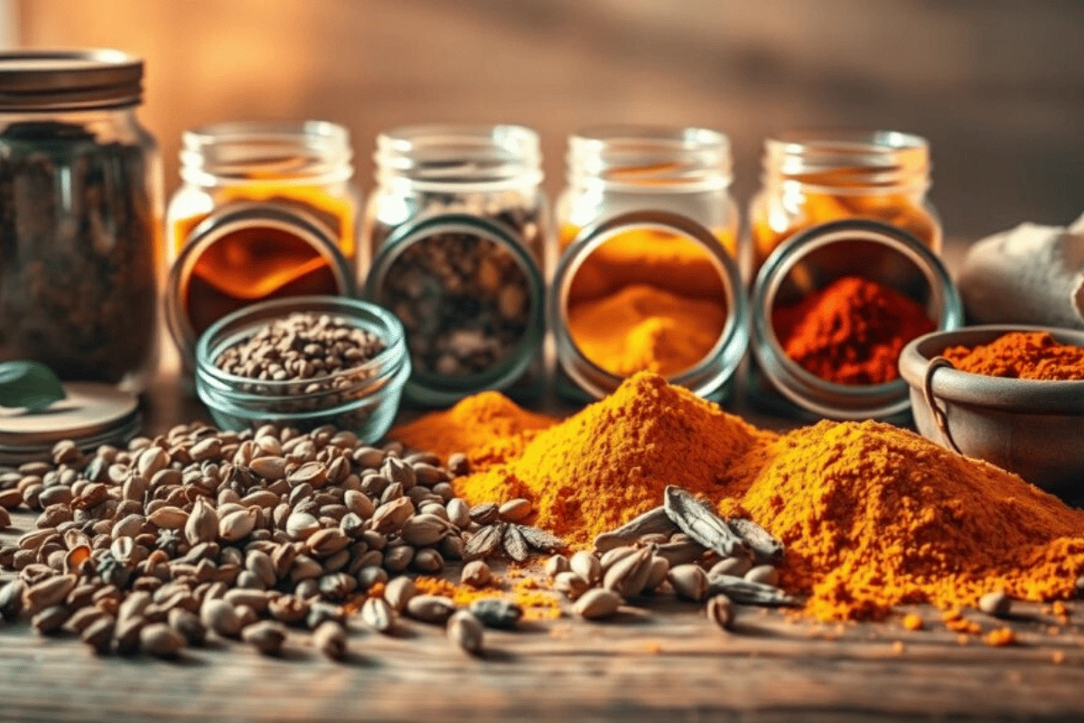 A beautifully arranged collection of key Chana Masala Spice Blend​ in small bowls, ready for cooking.