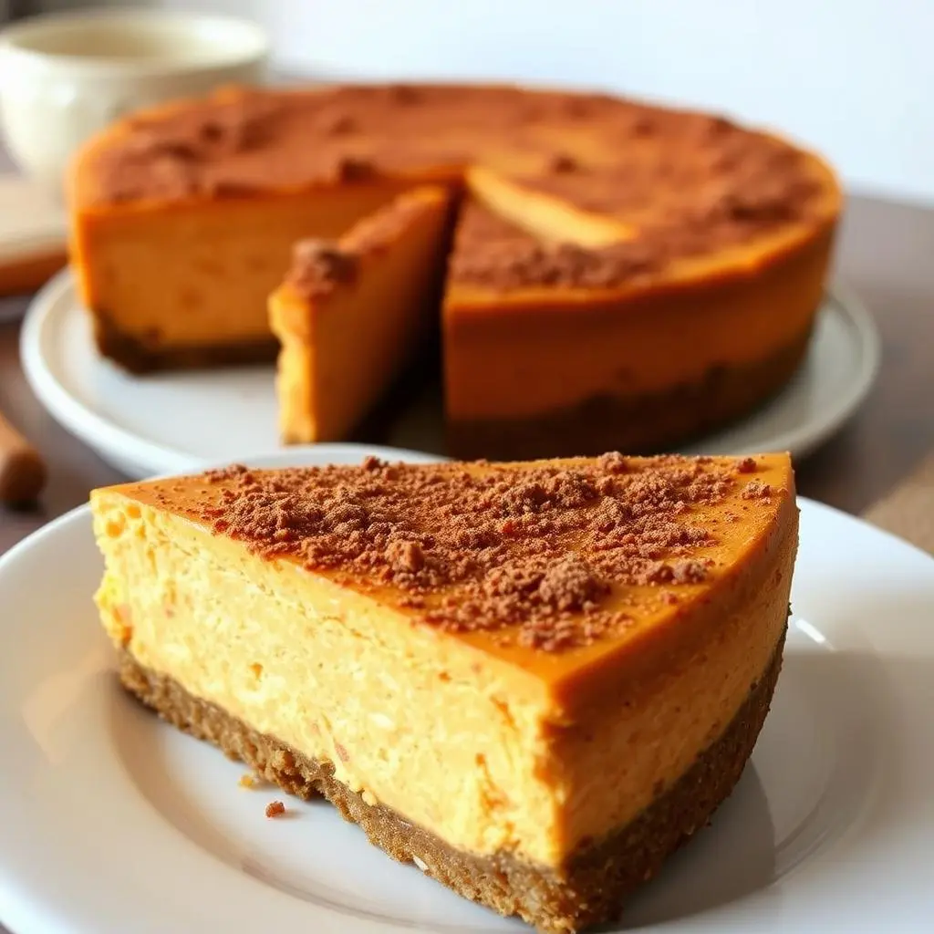 A slice of creamy Sweet Potato Cheesecake topped with a caramel drizzle and roasted nuts, served on a white plate.