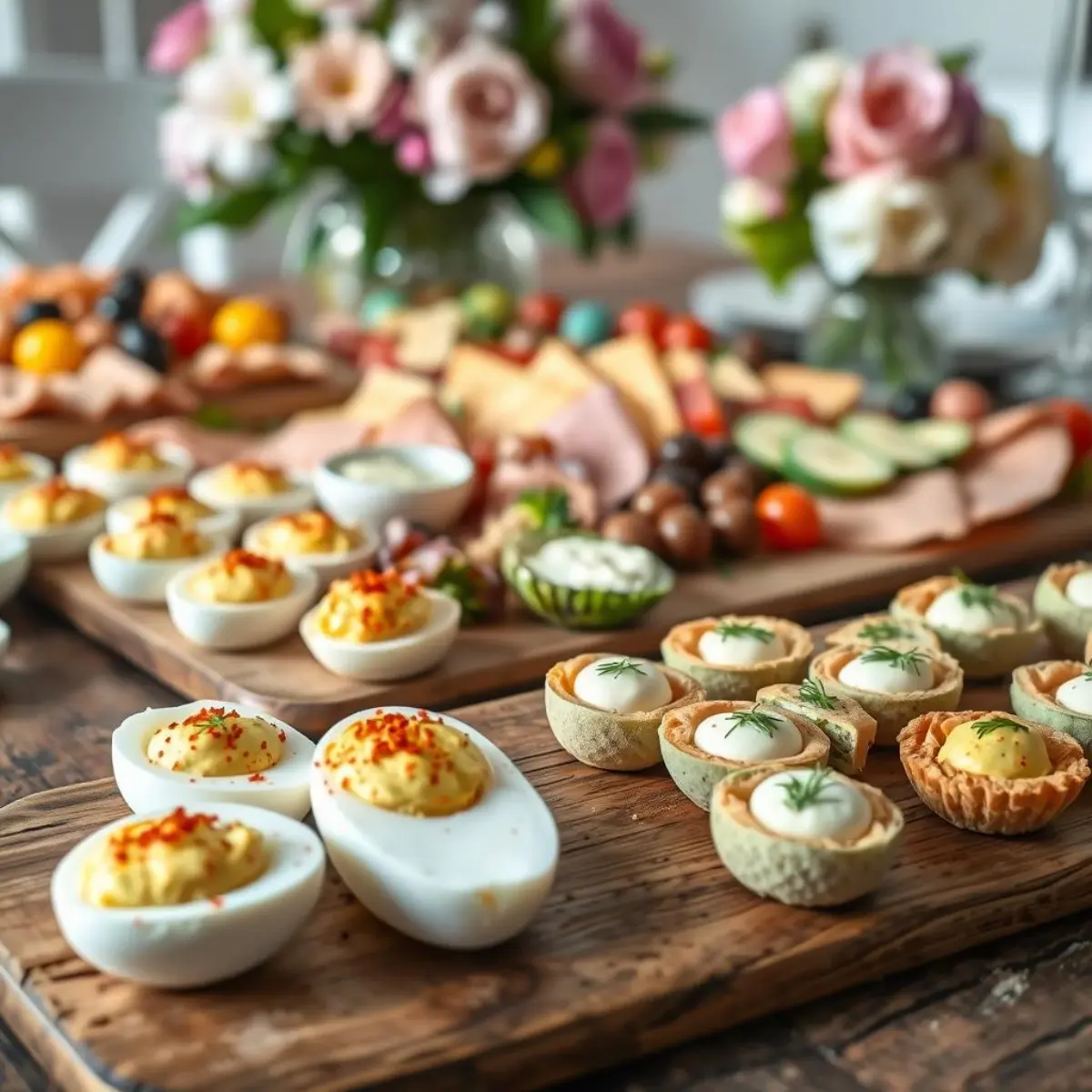 Vibrant vegetarian Easter Appetizer platter with stuffed peppers and dips