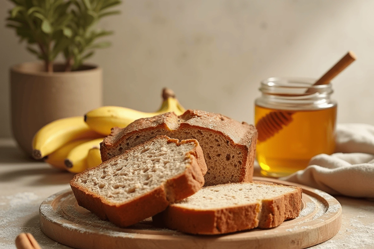 banana bread recipe :Freshly baked banana bread loaf, golden brown and delicious