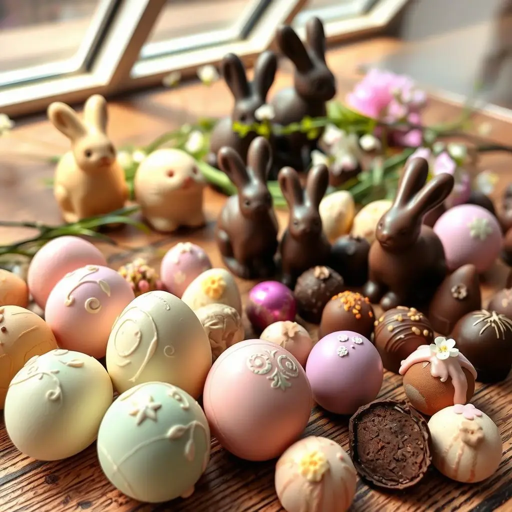 A selection of luxury Easter Chocolate truffles and gold-wrapped chocolate eggs.