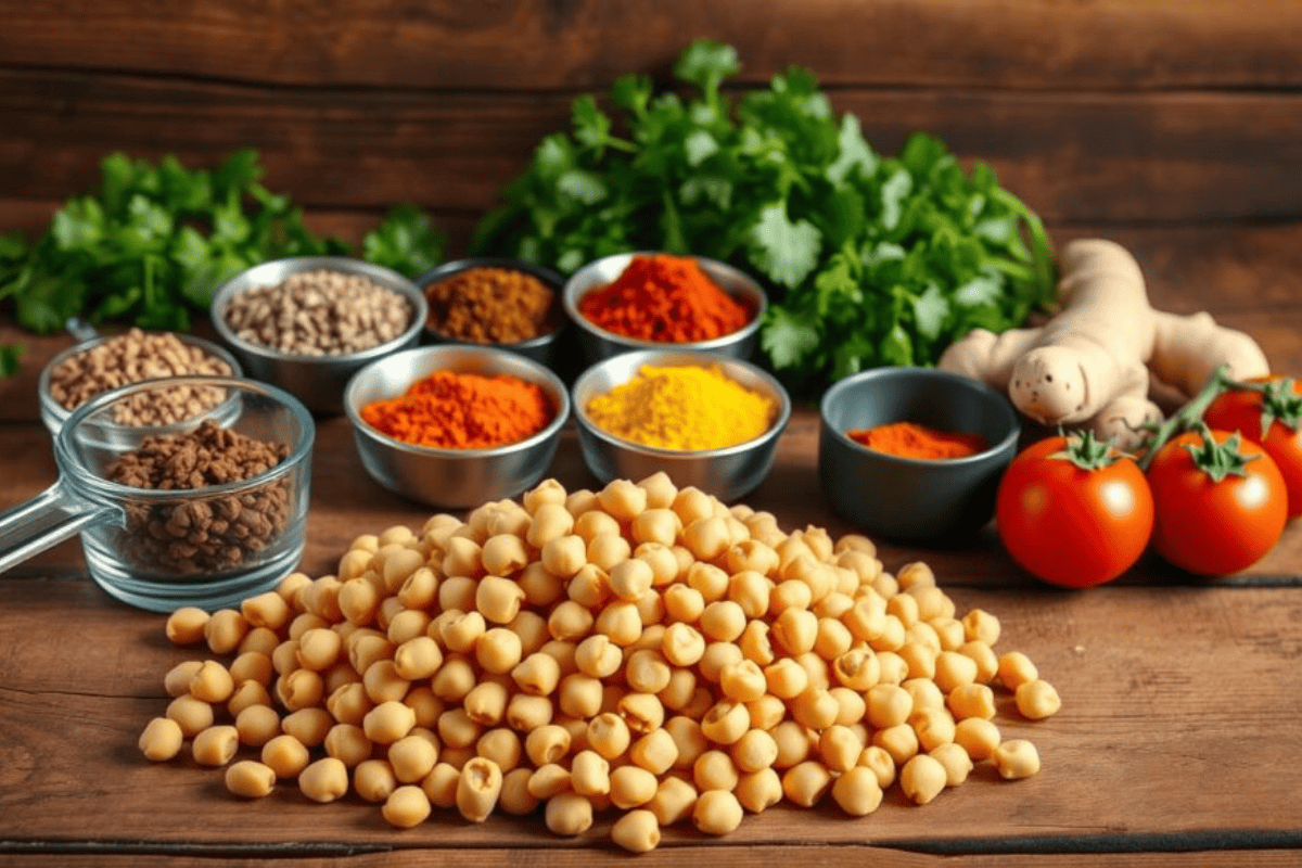 Spicy gluten-free vegan chana masala served with basmati rice and fresh cilantro.