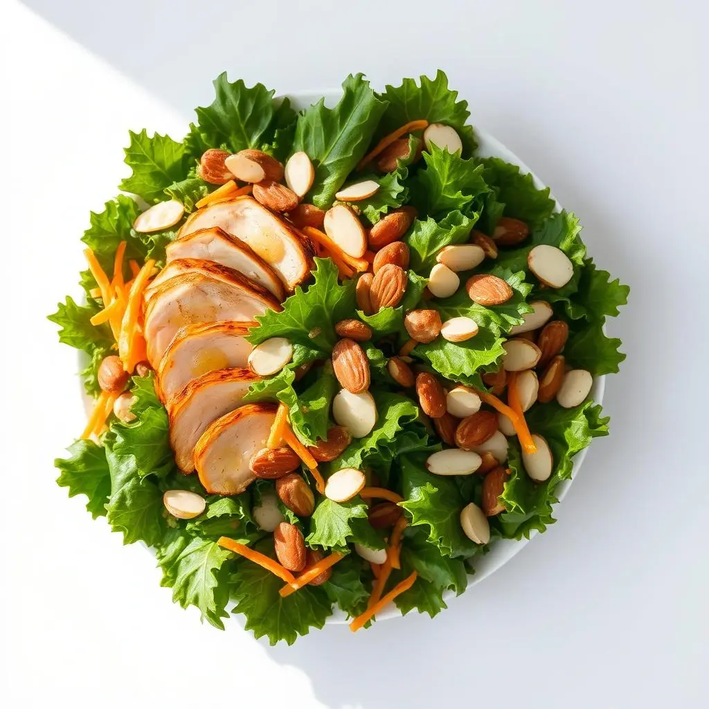 A fresh bowl of chick fil a kale salad recipe featuring curly kale, shredded Brussels sprouts, dried cranberries, and crunchy almonds with a tangy lemon vinaigrette.