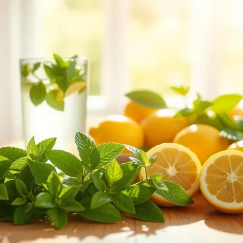 Glass mug of lemon balm tea on a wooden tray with fresh leaves — part of a daily lemon balm recipe for weight loss routine