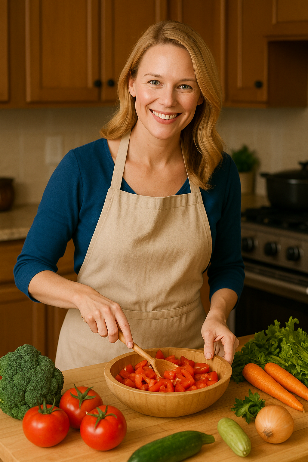 Auntie Cynthia smiling in her kitchen wearing a blue and white striped apron, preparing colorful vegetable and cheese snacks on crackers
