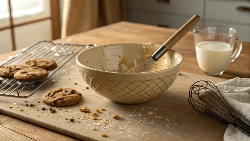 A kitchen countertop with a used mixing bowl, spatula, and cookie crumbs, showing the scene after baking is complete.