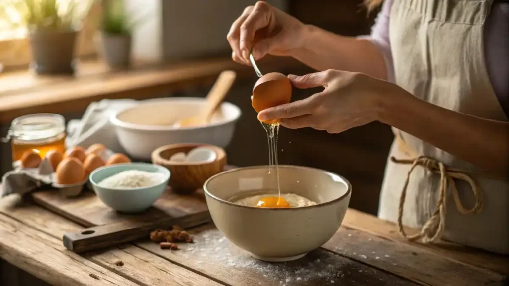 Hands whisking almond flour and baking soda together in a ceramic bowl with a wire whisk.