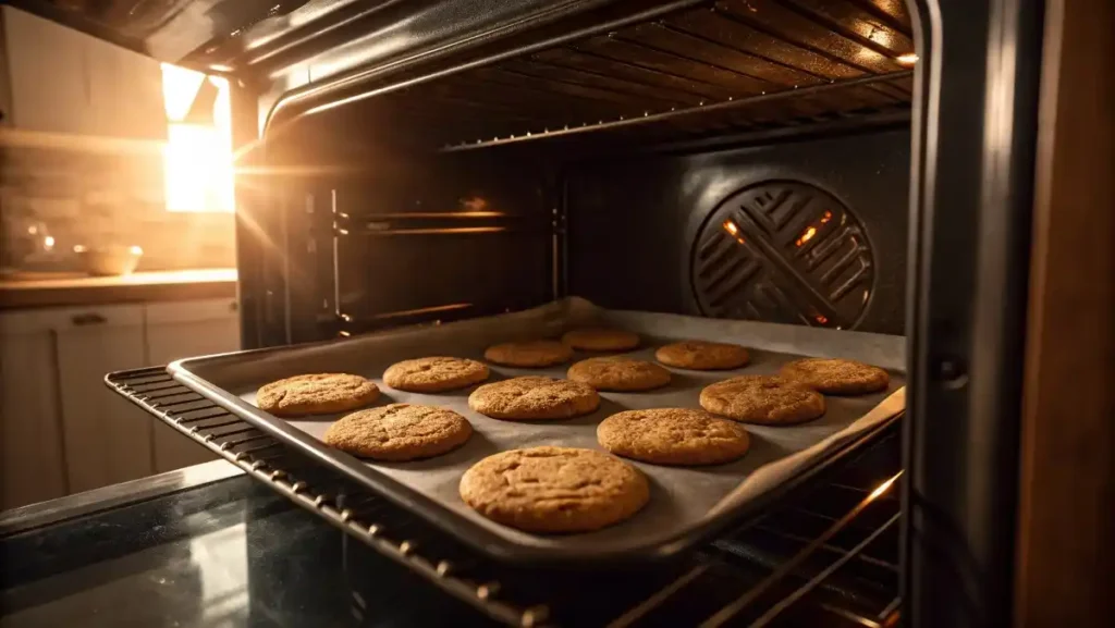 A view through the oven door of almond flour cookies baking to a golden brown on a baking sheet.