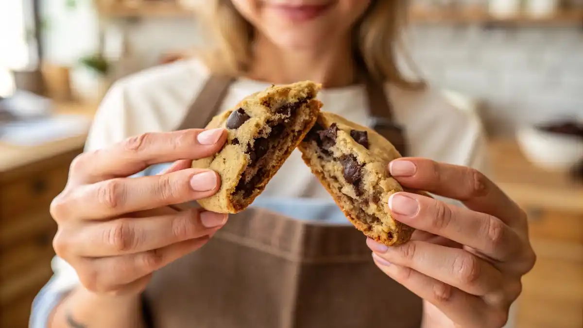 Hands holding an almond flour cookie broken in half to reveal the soft, chewy interior and a perfectly melted dark chocolate chip.