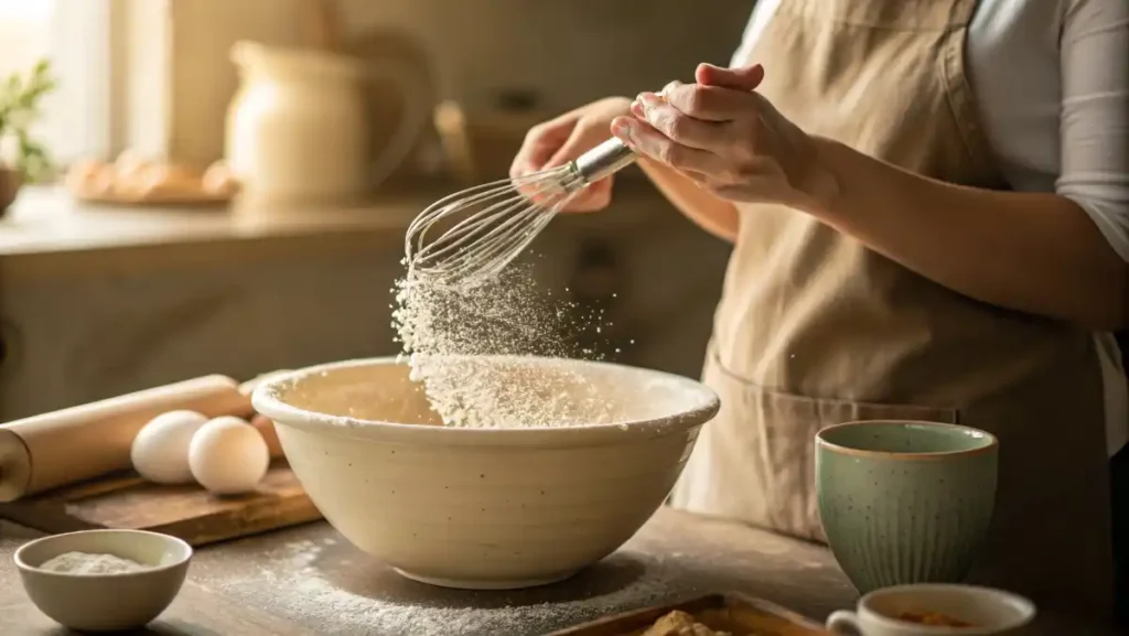 Hands whisking almond flour and baking soda together in a ceramic bowl with a wire whisk.