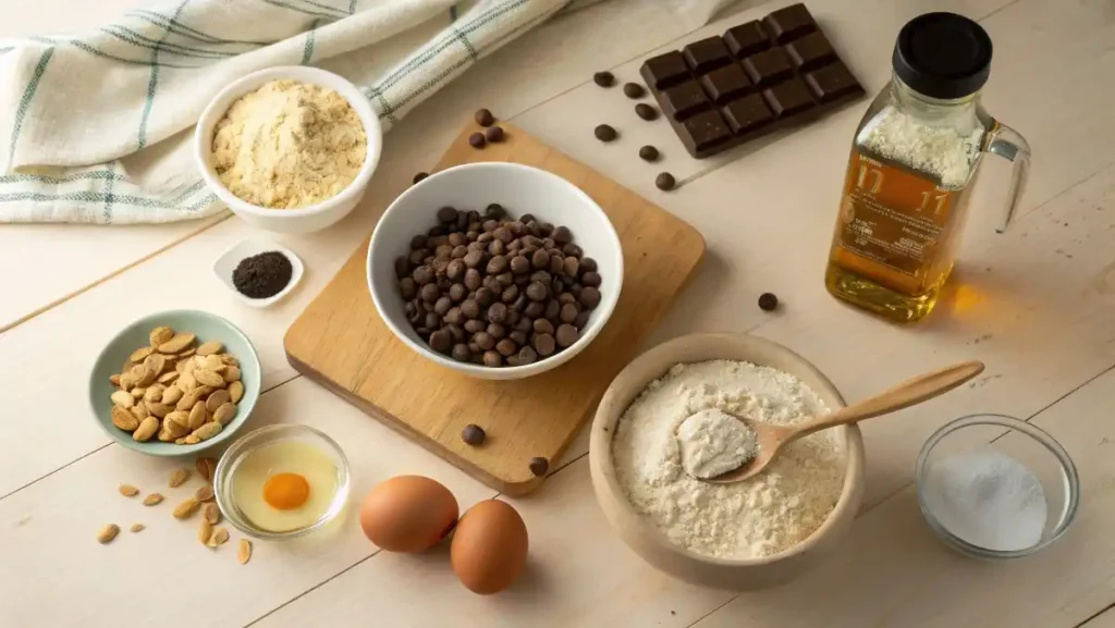 Ingredients for almond flour cookies arranged on a wooden countertop: almond flour, dark chocolate chips, an egg, and coconut sugar.