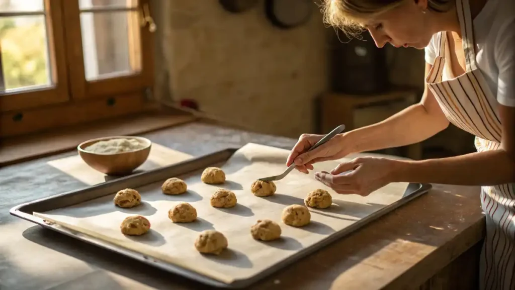 Hand using a metal cookie scoop to place even balls of cookie dough onto a parchment-lined baking sheet.