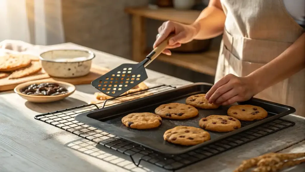 Hand using a spatula to carefully move a warm, golden cookie from a baking sheet to a black wire cooling rack.