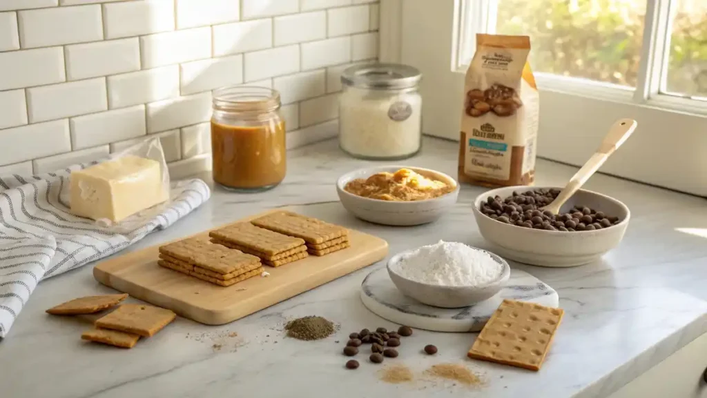 Ingredients for easy no-bake peanut butter bars arranged on a marble countertop: graham crackers, peanut butter, sugar, butter, and chocolate chips.