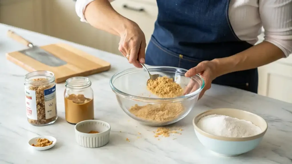 Hands measuring graham cracker crumbs into a measuring cup on a marble countertop.