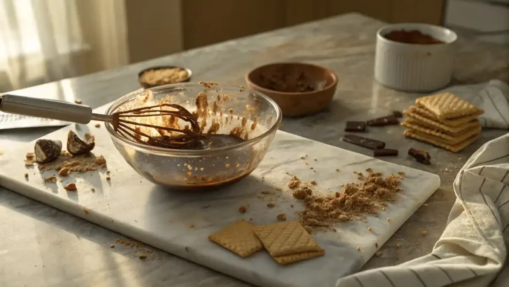A messy but happy kitchen scene after making peanut butter bars, with a used bowl and spatula on the counter.