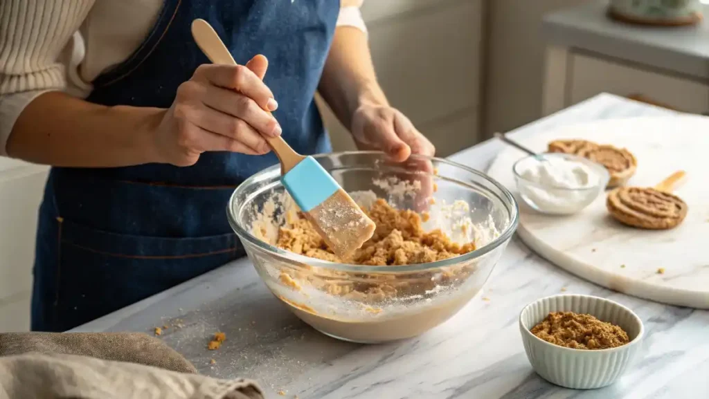 Mixing peanut butter, melted butter, and graham cracker crumbs with a spatula in a large glass bowl.