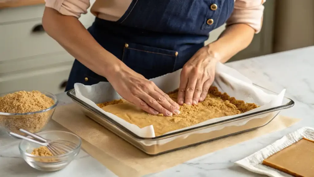 Hands firmly pressing the peanut butter mixture into a parchment-lined 8x8 inch baking pan.