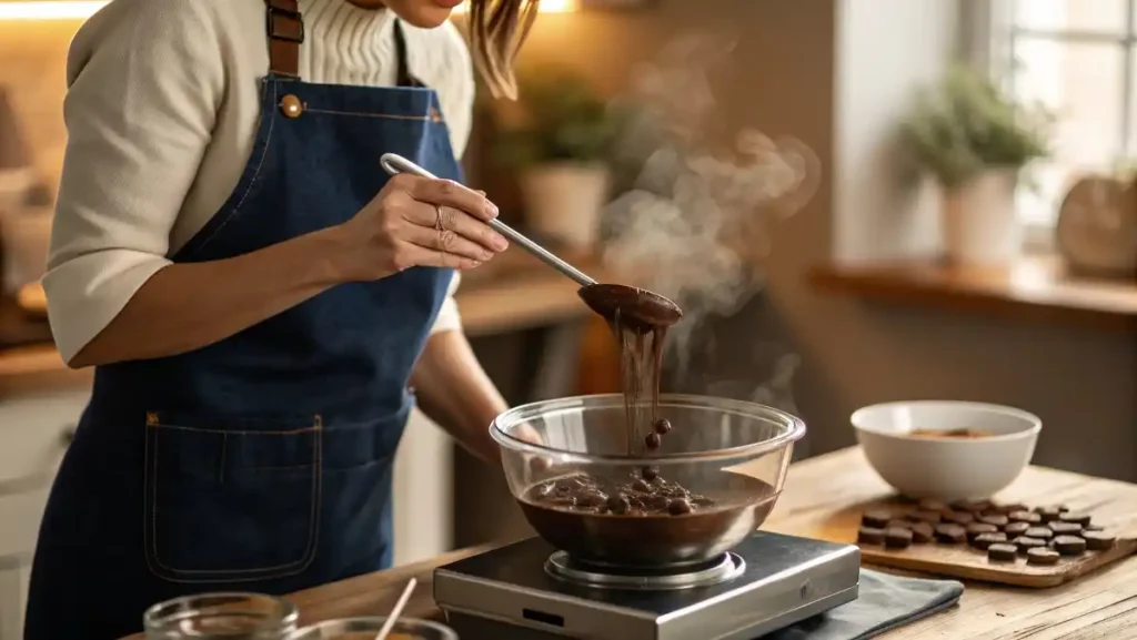 Stirring glossy, melted chocolate in a glass bowl over a saucepan of simmering water.