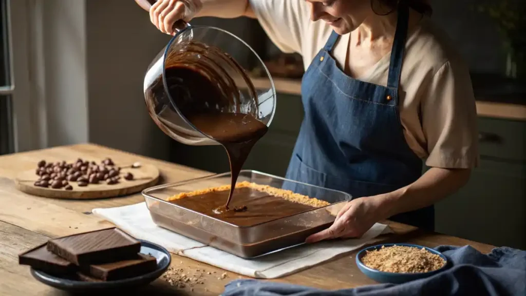 Pouring a smooth, melted chocolate topping over the chilled peanut butter base in the pan.