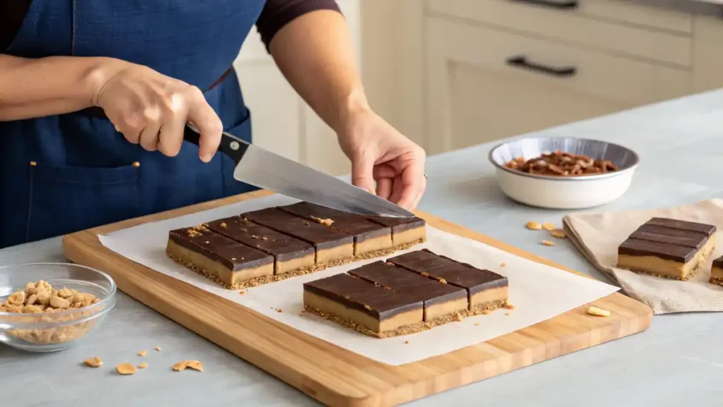 Hands using a large knife to slice the finished block of no-bake peanut butter bars into squares on a wooden cutting board.