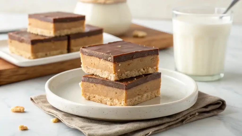 Three no-bake peanut butter bars stacked neatly on a white plate, with a glass of milk in the background.