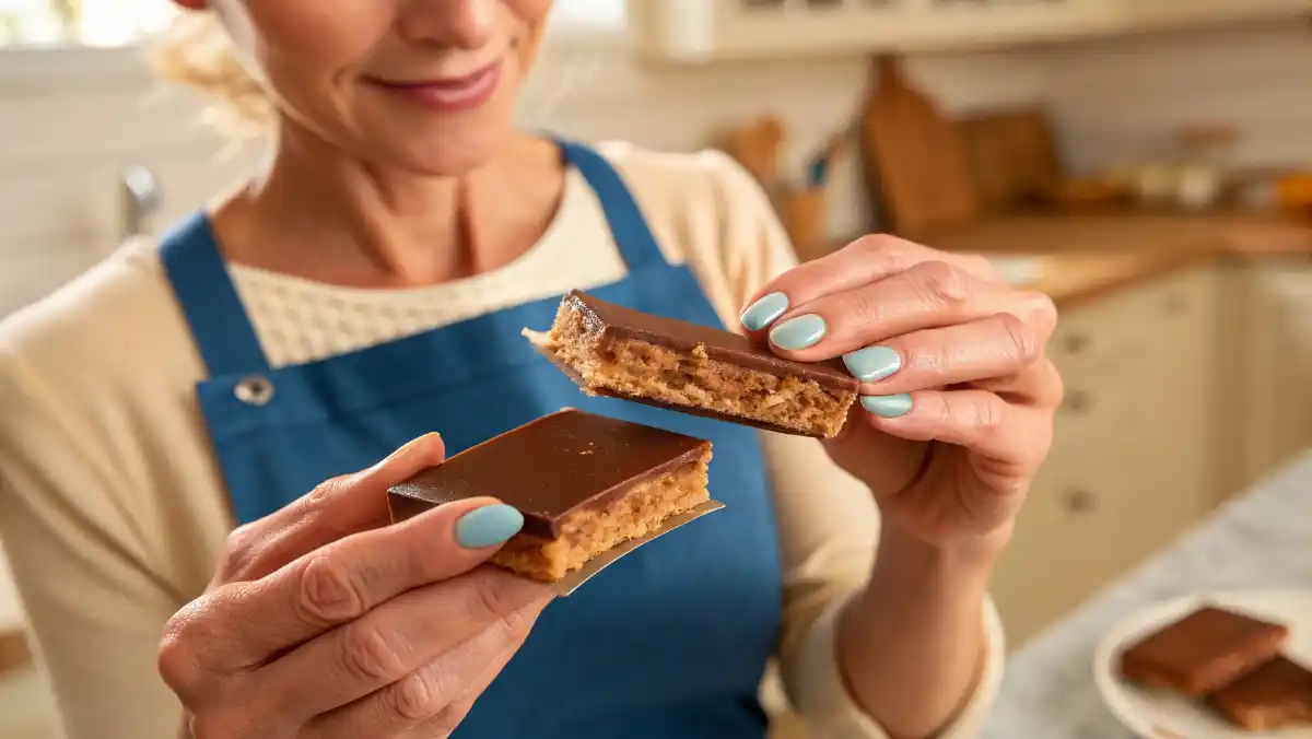 A hand holding a peanut butter bar with a bite taken out of it, revealing the dense texture inside.