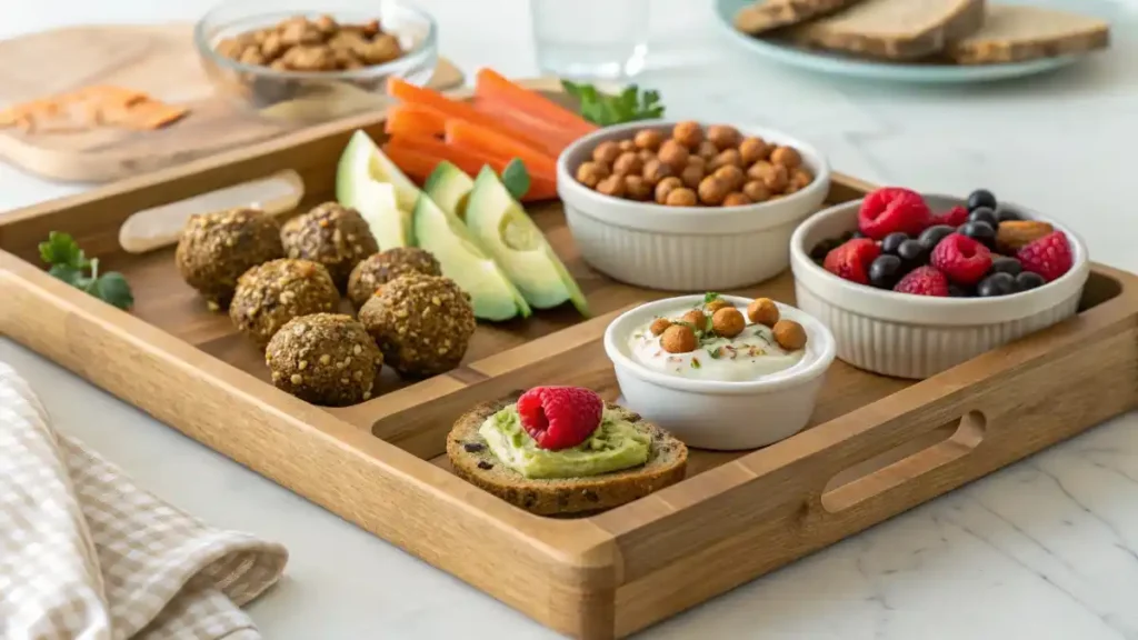 Assortment of various healthy snack recipes on a wooden serving tray, ready to enjoy