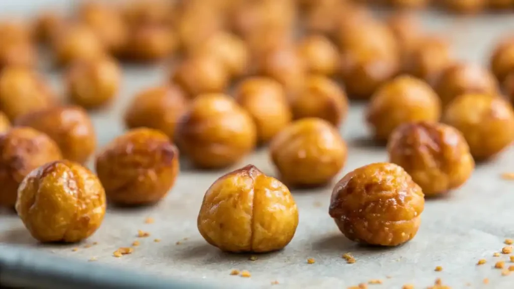 Extreme close-up of a crispy roasted chickpea, highlighting its crunchy texture from a healthy snack recipe.