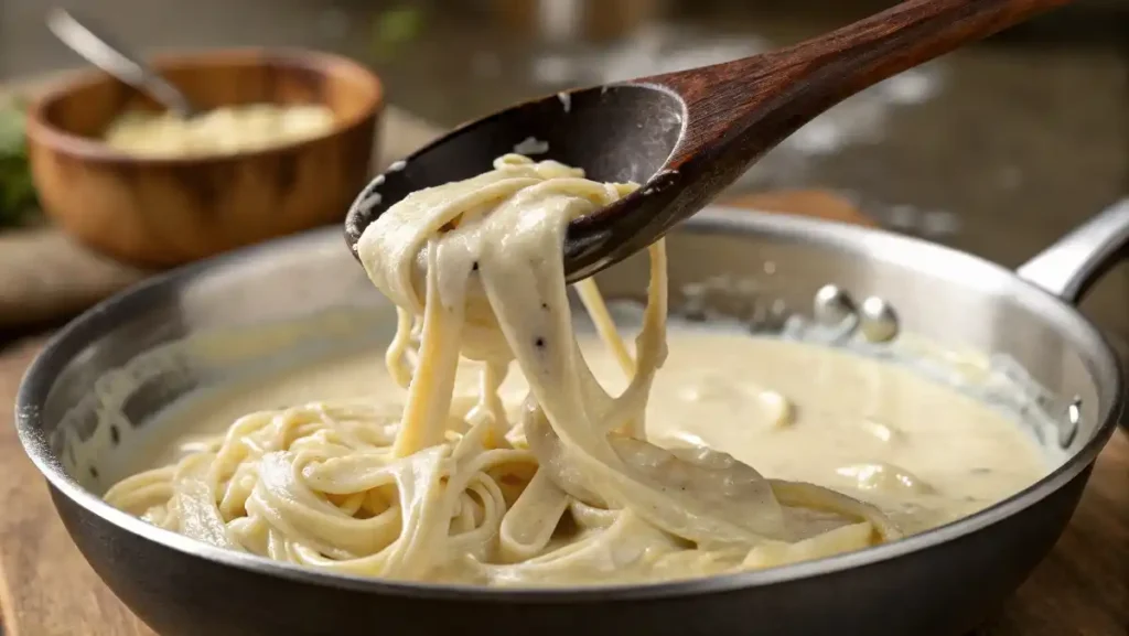A wooden spoon coated in a thick, glossy, and perfectly smooth homemade Alfredo Sauce.