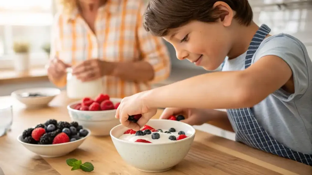 Child's hands adding berries to yogurt, guided by an adult, illustrating kid-friendly healthy snack recipes.