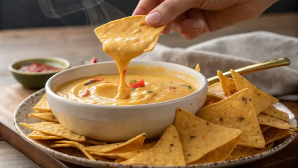 A tortilla chip being dipped into a bowl of creamy nacho cheese sauce infused with homemade Hot Sauce, creating a perfect cheesy drip.