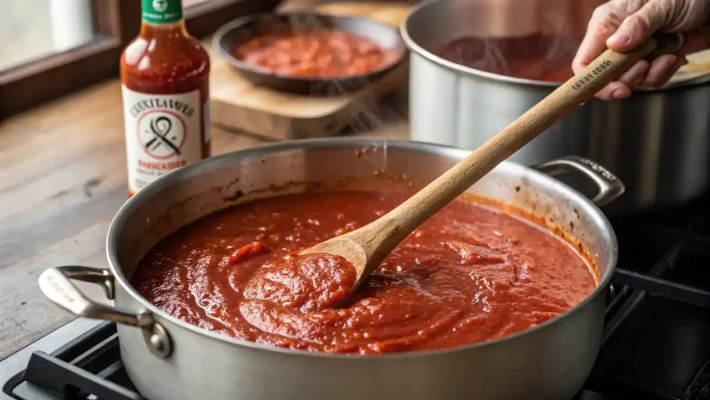 A hand stirring a rich, red spaghetti sauce in a pot that has been enhanced with a tablespoon of homemade Hot Sauce.