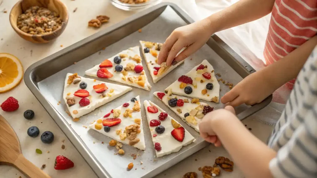 Children reaching for pieces of frozen Greek yogurt bark on a baking sheet