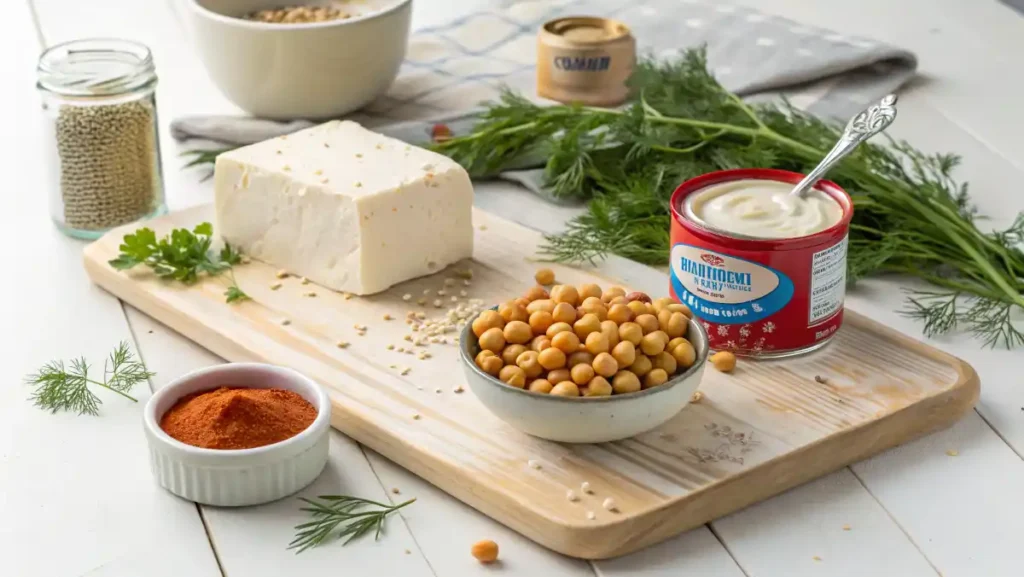 Fresh ingredients for making homemade low calorie high protein snacks laid out on a wooden board: tofu, chickpeas, natural peanut butter, and Greek yogurt.