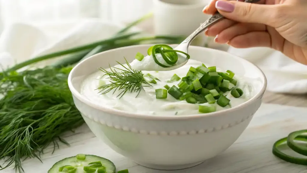 A woman's hand using a spoon to swirl freshly chopped dill into a bowl of creamy Greek yogurt for a low calorie high protein snack dip.