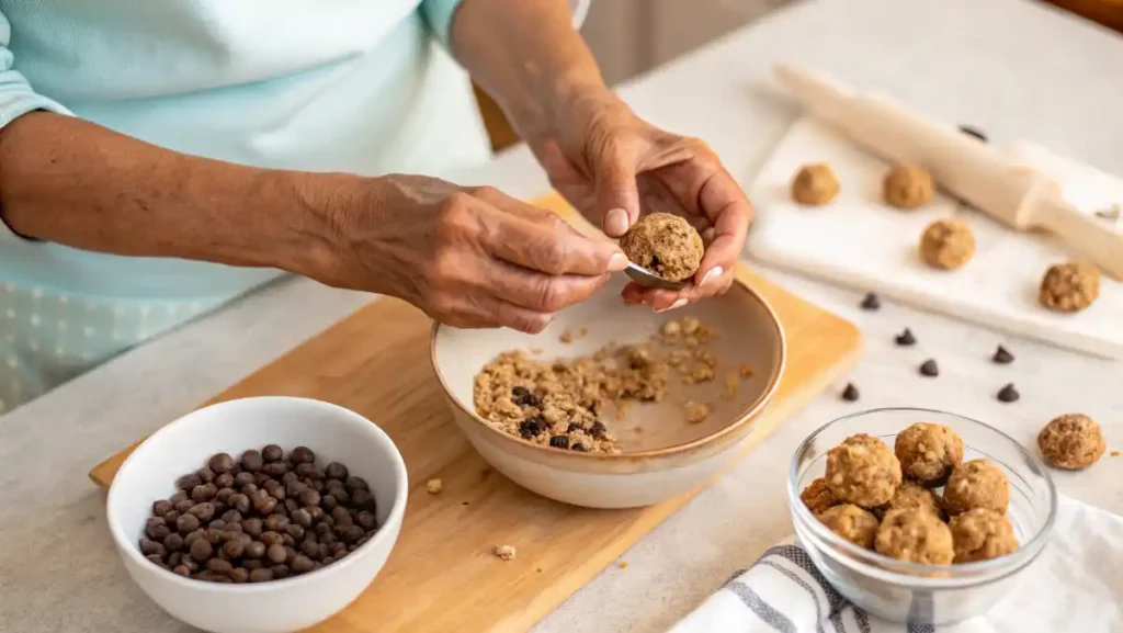 Close-up of a woman's hands rolling an oat and peanut butter mixture into a no-bake protein bite, a simple low calorie high protein snack.