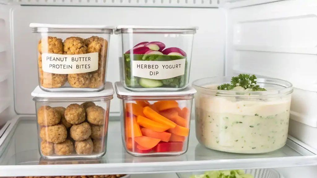 An organized refrigerator with glass containers holding prepped low calorie high protein snacks: protein bites, yogurt dip, and chopped vegetables.
