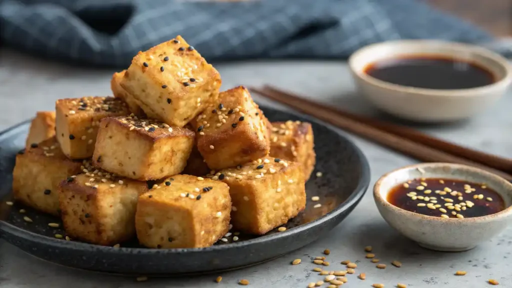 Crispy, golden-brown "Everything Bagel" Tofu Bites on a dark plate, a savory and satisfying vegan low calorie high protein snack.