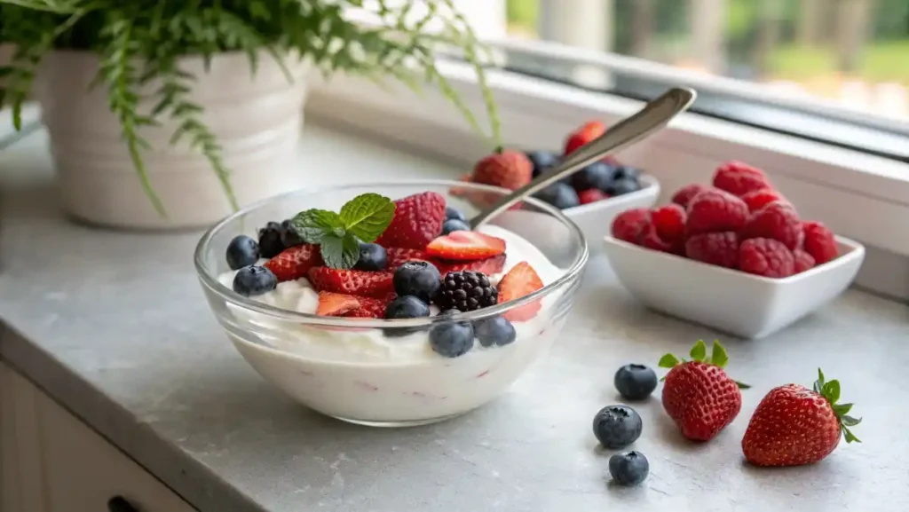 Plain Greek yogurt topped with fresh mixed berries in a glass bowl, a refreshing healthy snack recipe.
