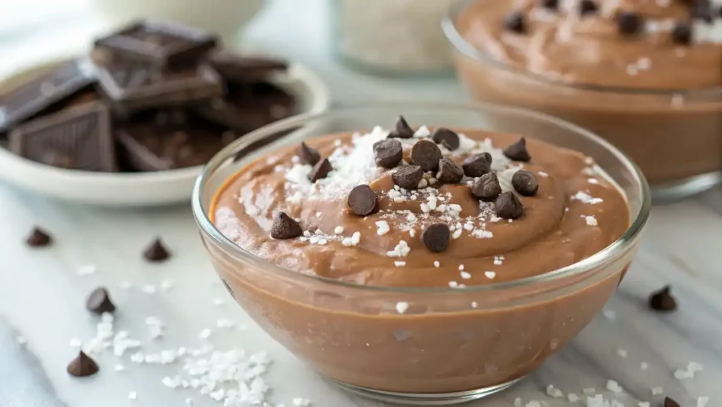 Creamy chocolate Greek yogurt pudding topped with sea salt and chocolate chips