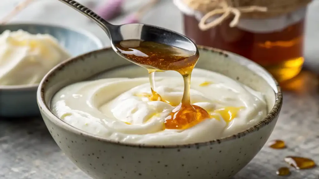 Spoonful of Greek yogurt with honey dripping off