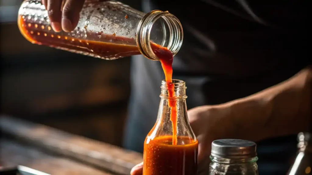 Carefully pouring a vibrant red homemade Hot Sauce through a funnel into a clear glass bottle for storage.