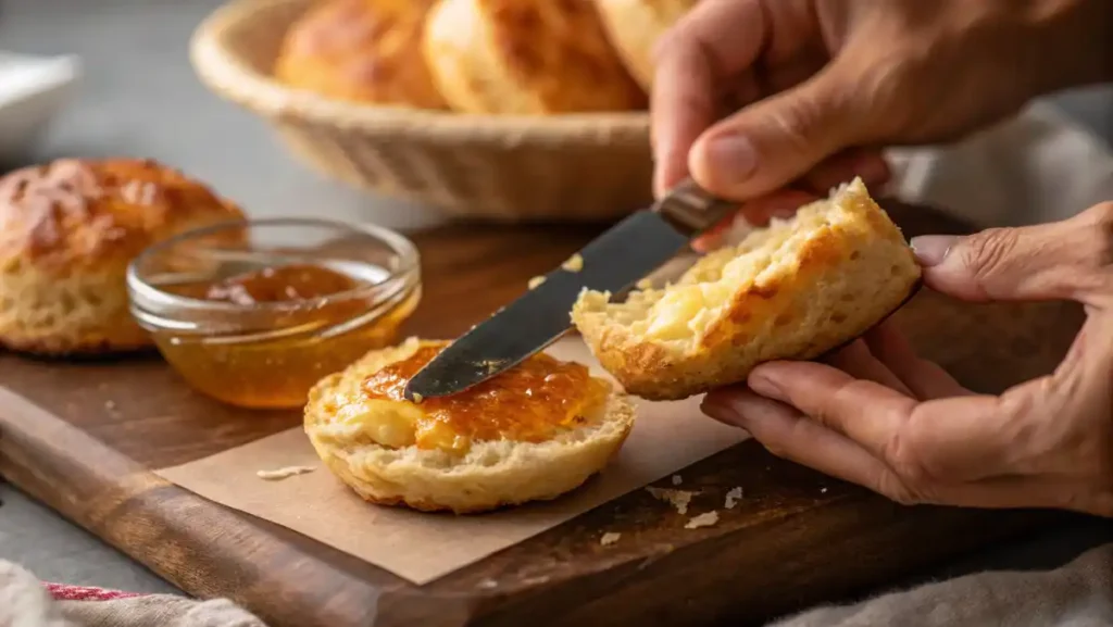 A hand slathering spicy honey butter made with homemade Hot Sauce onto a warm, flaky biscuit.