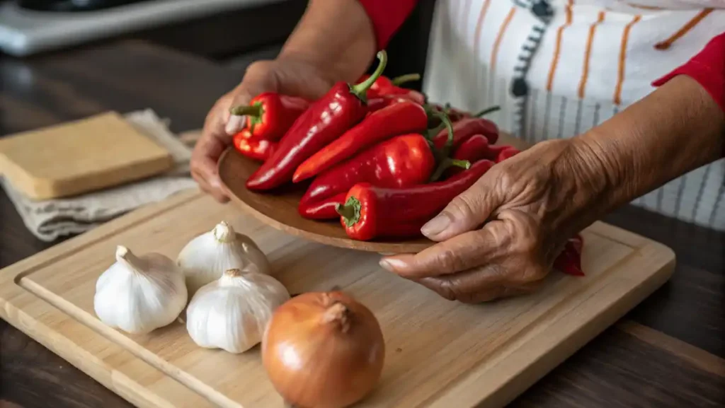 A home cook's hands holding fresh red Fresno peppers for a vibrant homemade Hot Sauce.