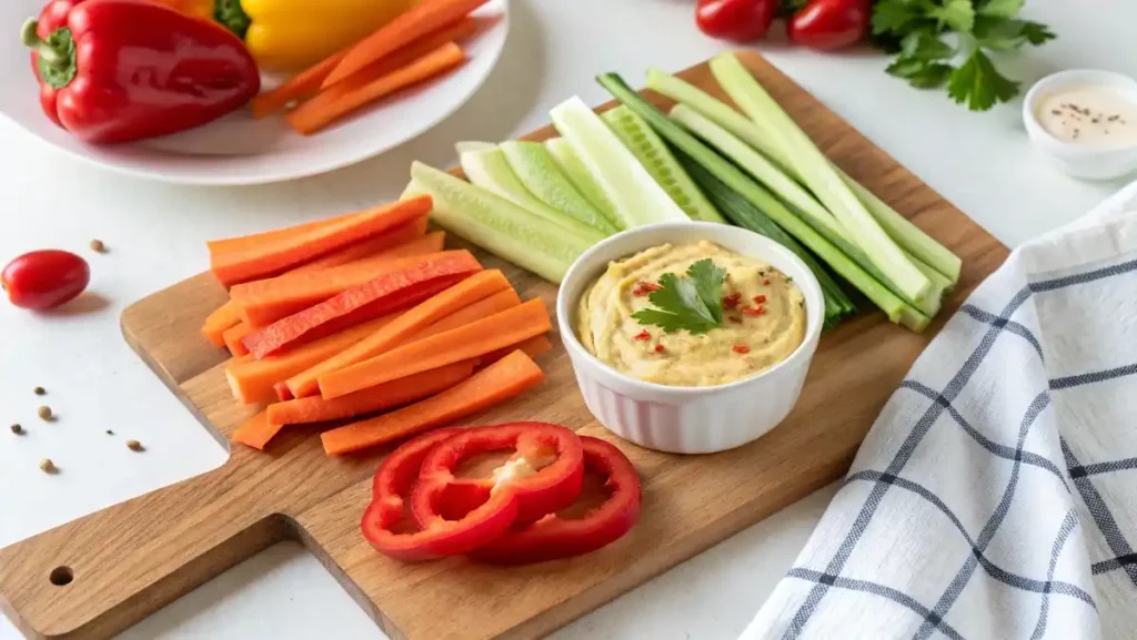 Colorful vegetable sticks with hummus dip on a wooden board, a crunchy healthy snack recipe
