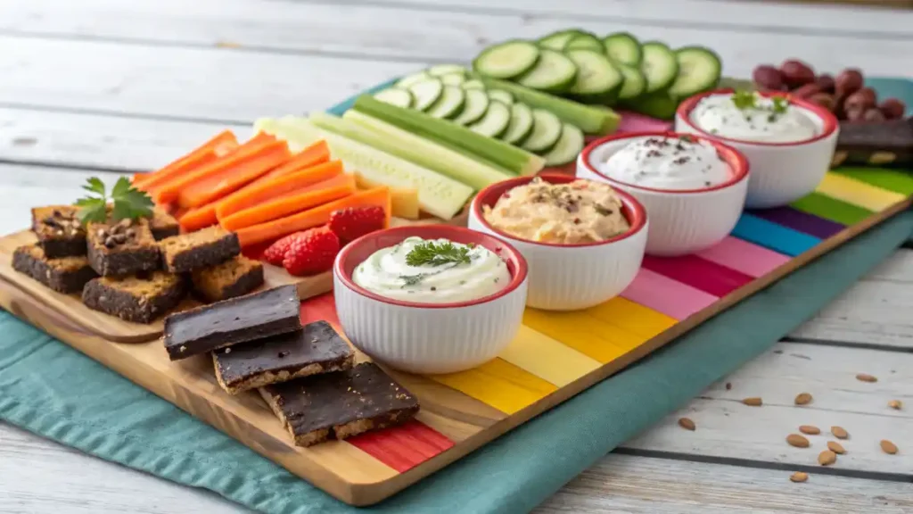 Greek Yogurt as a Snack: colorful snack board with parfaits, dip, toasts, and yogurt bark shards on a rustic table.