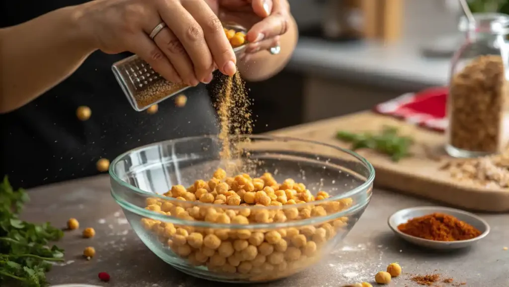 A woman's hands tossing chickpeas with smoked paprika and other spices in a glass bowl to create a savory low calorie high protein snack.