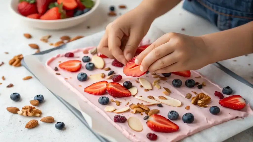 Healthy Snacks with Greek Yogurt – Child’s hands sprinkle chopped nuts and berries onto a tray of white frozen Greek yogurt bark.