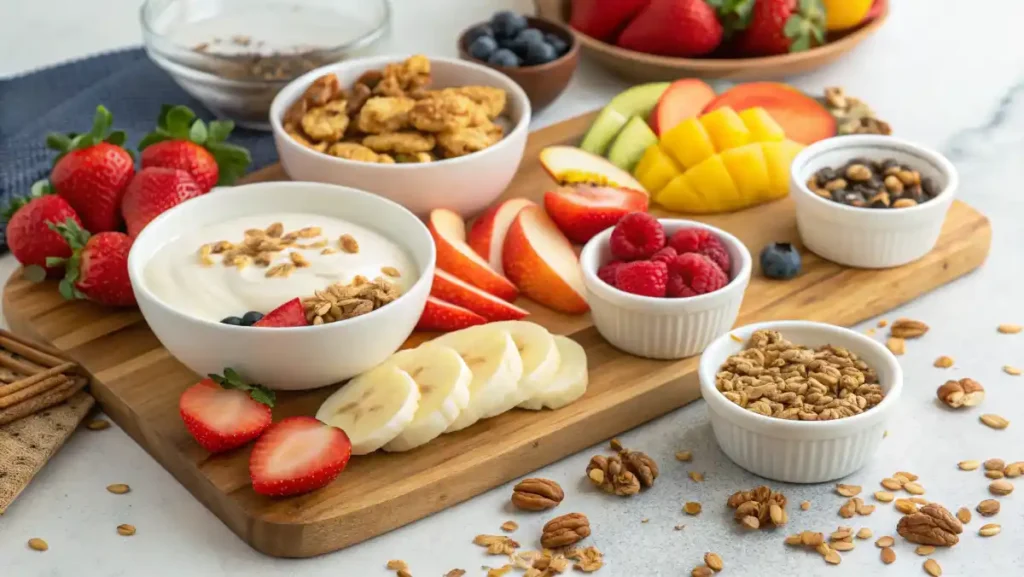 Snack board with Greek yogurt dippers, fruit slices, and granola
